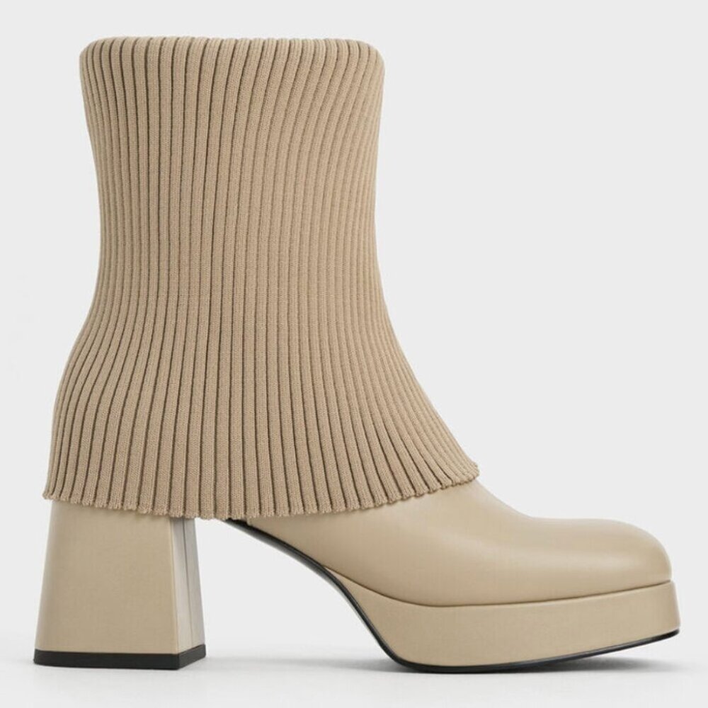 Charles & Keith Evie Knitted-Sock Ankle Boots Taupe Beige Size 8
